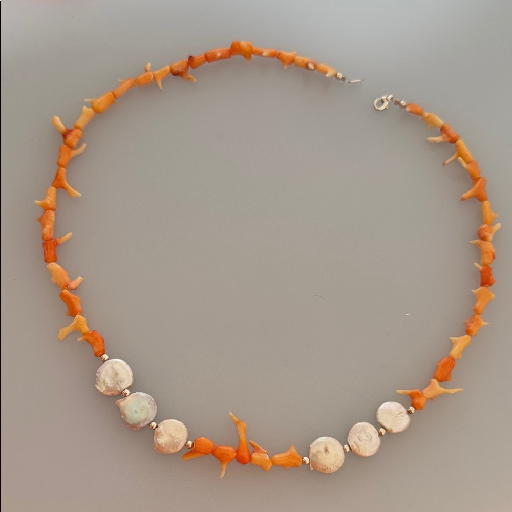 Vintage Coral  freshwater Pearls 925 sterling Silver Necklace​ - Picture 9 of 10